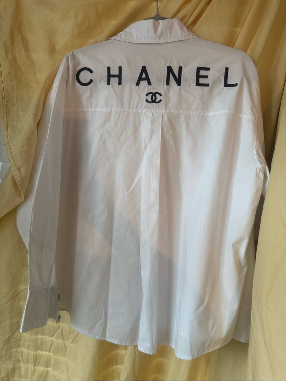 CHANEL White Button-Up Shirt with Black CC Pocket Logo - Picture 3 of 5